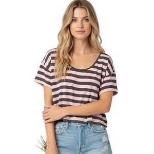 Victoria's Secret Pink Womens Blouse Sz XS Crop Short Sleeve Striped Loungewear